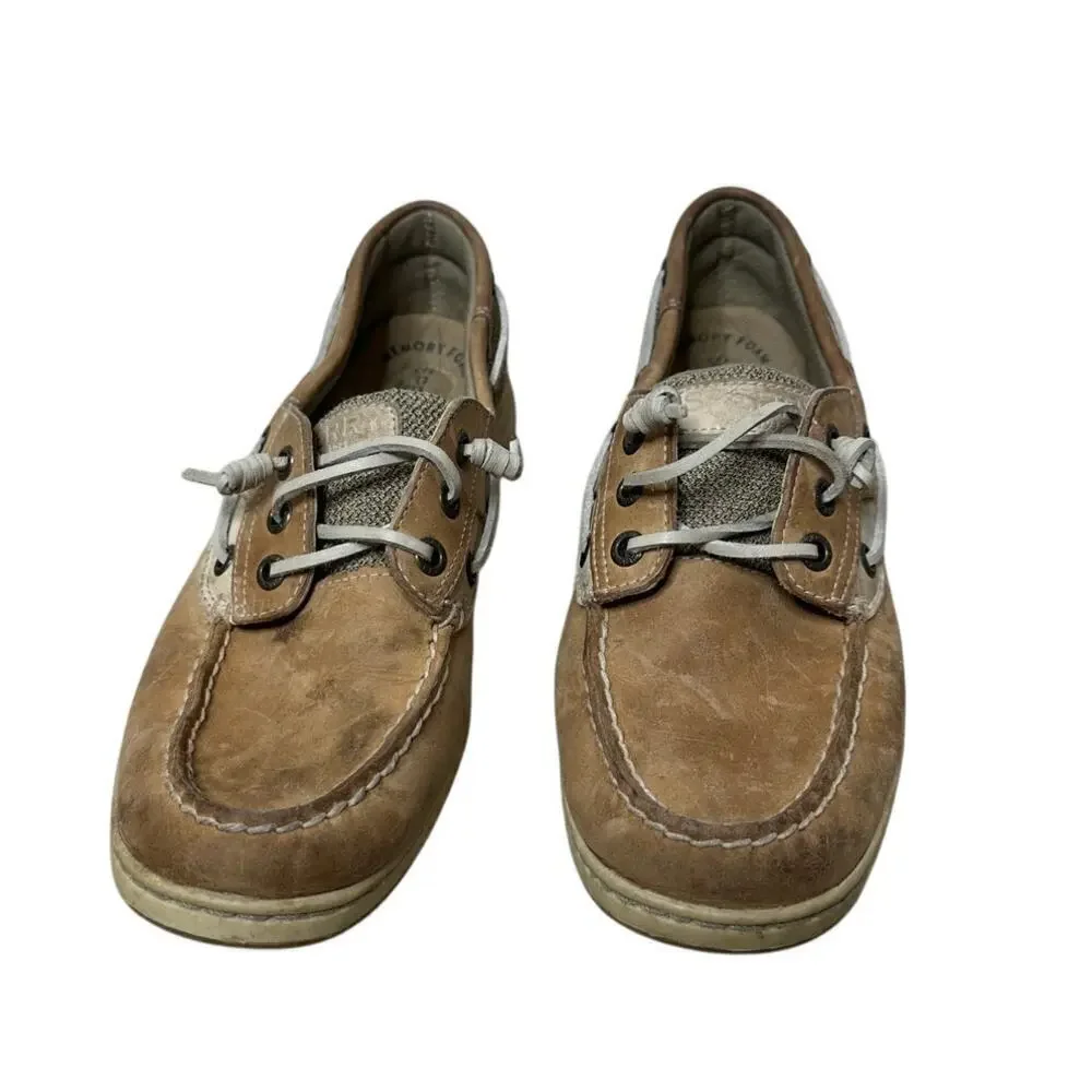 Sperry Size 8.5 Womens Tan Brown Leather Boat Shoes Preppy Loafer Well Worn Dirt